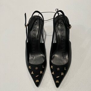 Karl Lagerfeld Black Heels with Gold Accents 10 M  NWOT